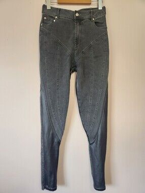 Maniere De Voir Black Faux Leather Denim Hybrid Moto Pants Edgy Streetwear US 8